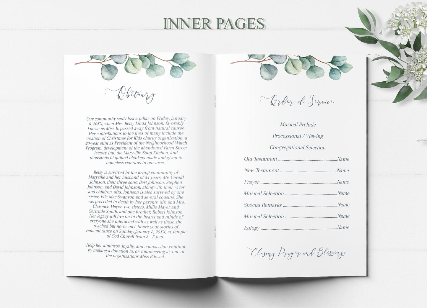 Greenery Celebrating The of Life Funeral Program Template - 8 Page - lovingmemoryprints