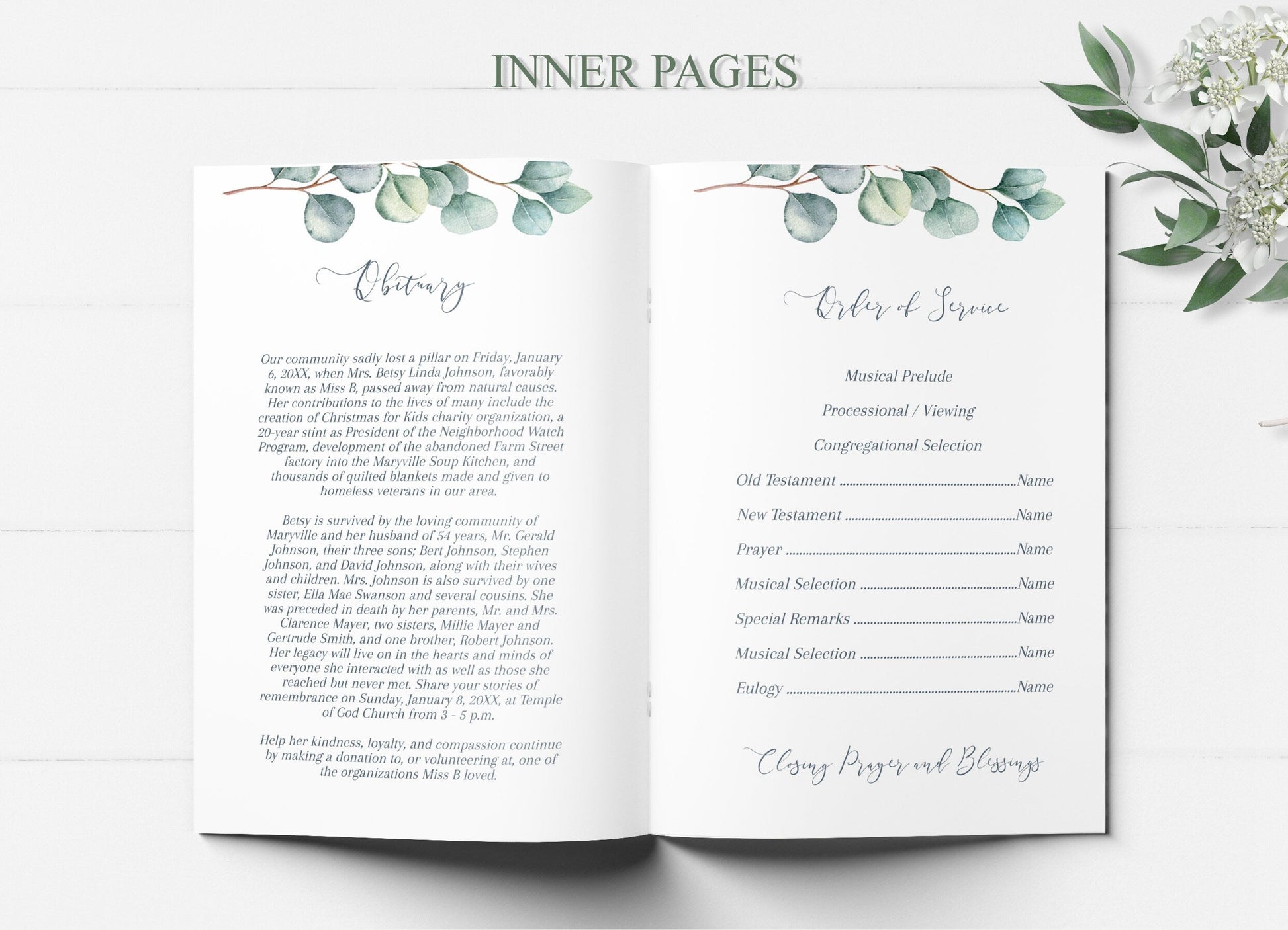 Greenery Celebrating The of Life Funeral Program Template - 8 Page - lovingmemoryprints