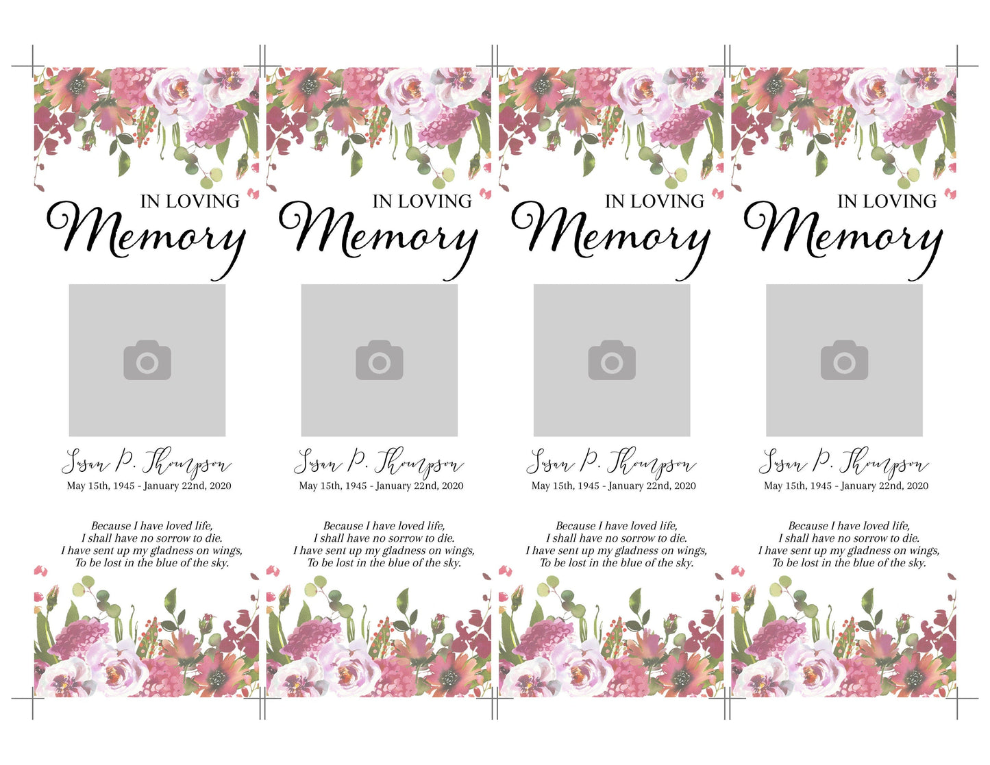 Greenery & Floral Funeral Bookmark Keepsake Template - lovingmemoryprints