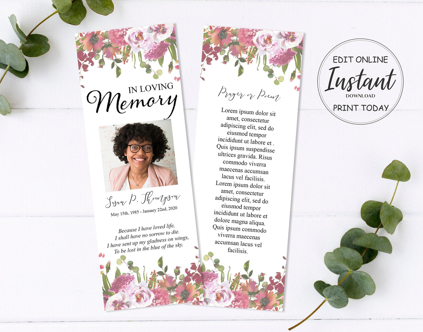 Greenery & Floral Funeral Bookmark Keepsake Template - lovingmemoryprints
