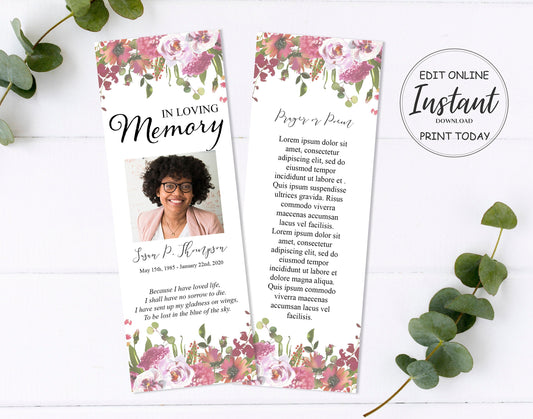 Greenery & Floral Funeral Bookmark Keepsake Template - lovingmemoryprints