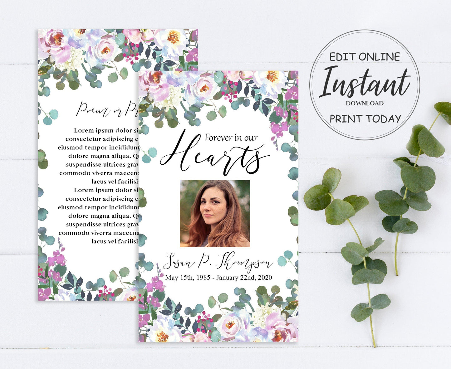 Greenery & FLoral Funeral Prayer Cards Template - lovingmemoryprints