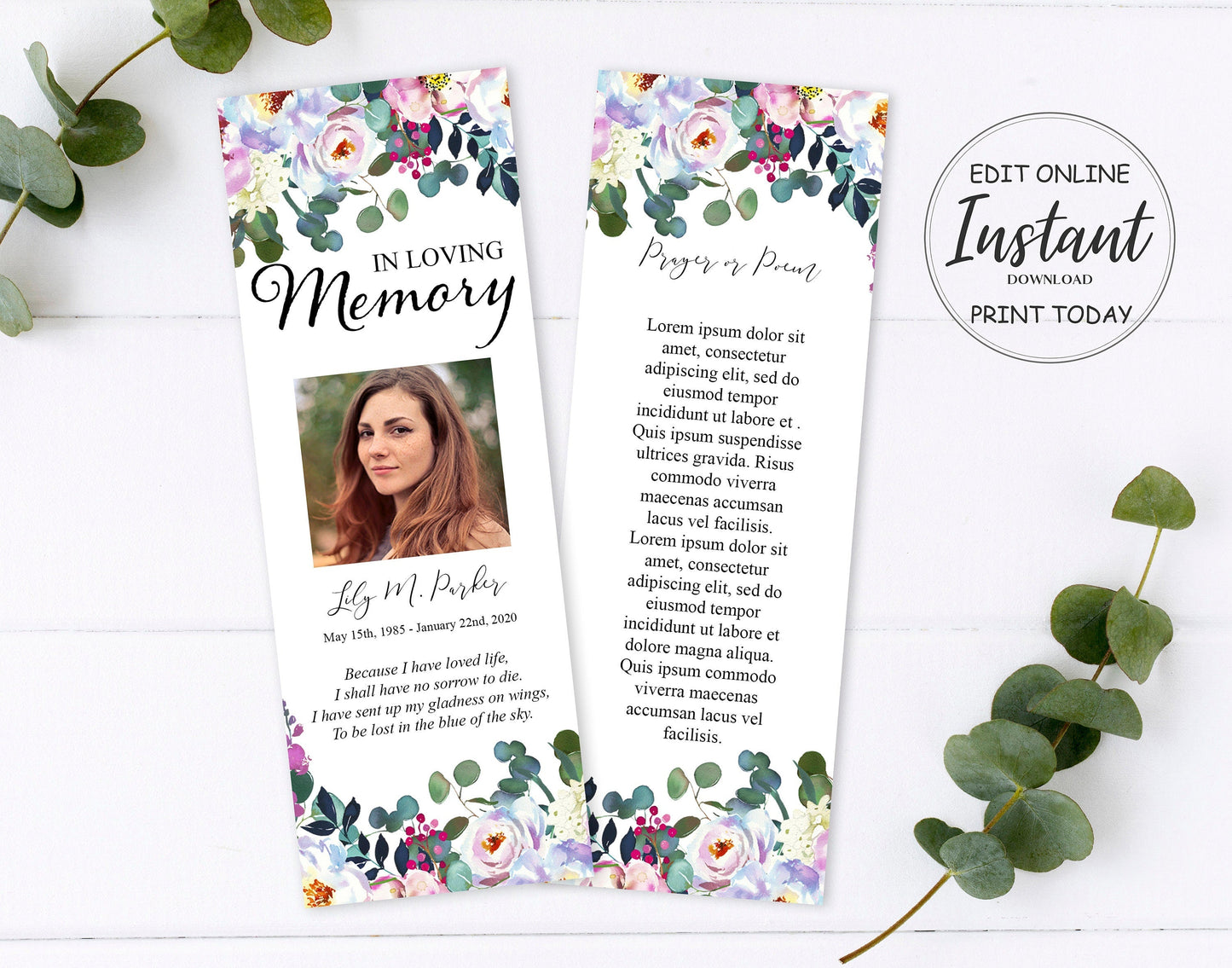 Greenery & Floral Memorial Bookmarks Template - lovingmemoryprints