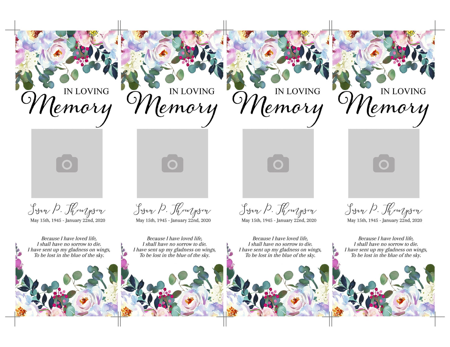 Greenery & Floral Memorial Bookmarks Template - lovingmemoryprints