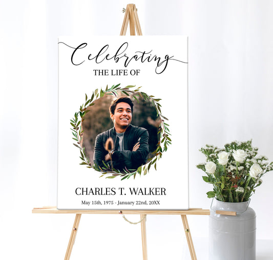 Greenery Funeral Photo Display With Circular Center Photo - lovingmemoryprints