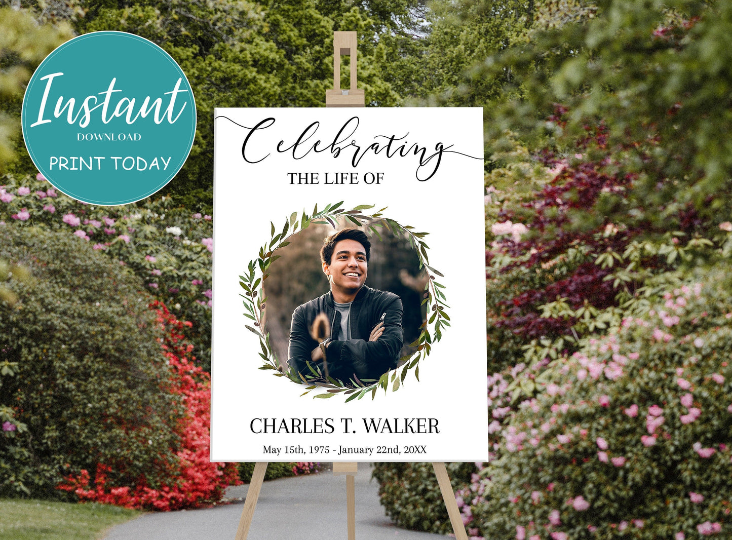 Greenery Funeral Photo Display With Circular Center Photo - lovingmemoryprints