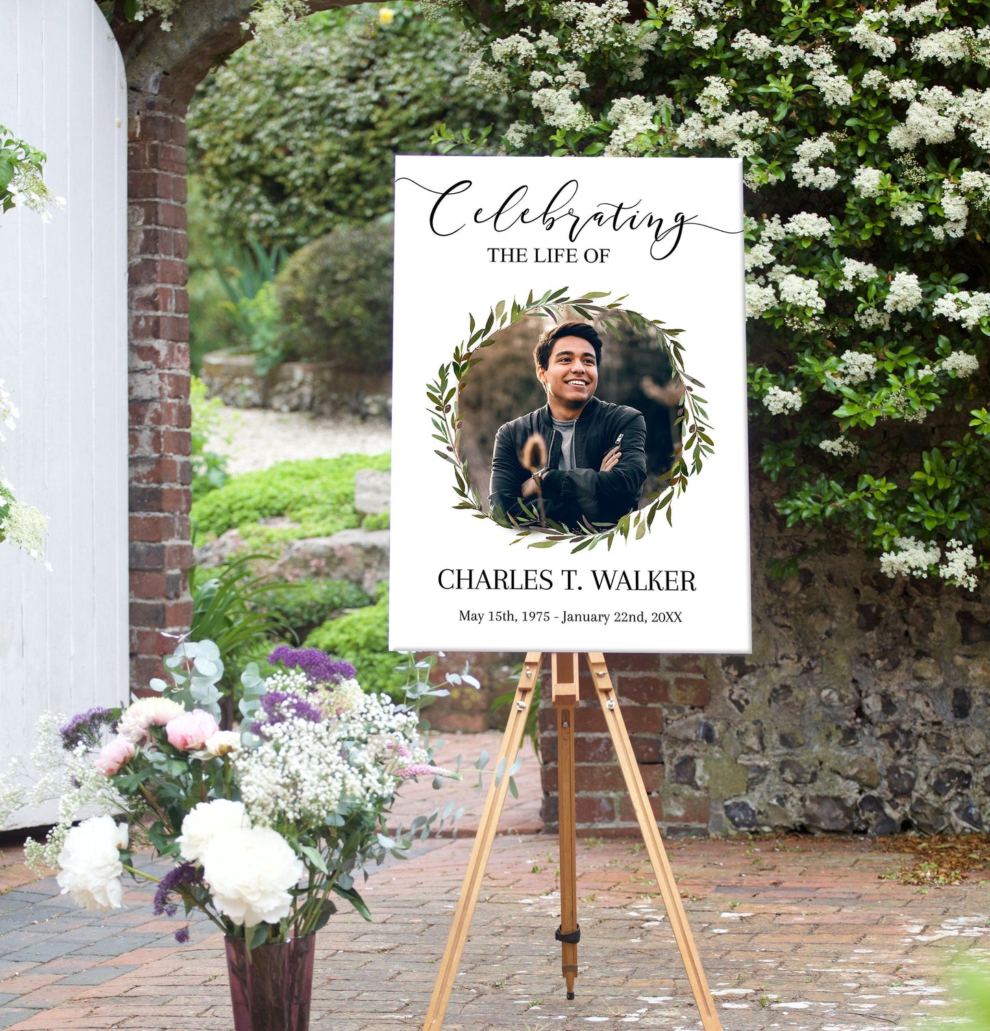 Greenery Funeral Photo Display With Circular Center Photo - lovingmemoryprints