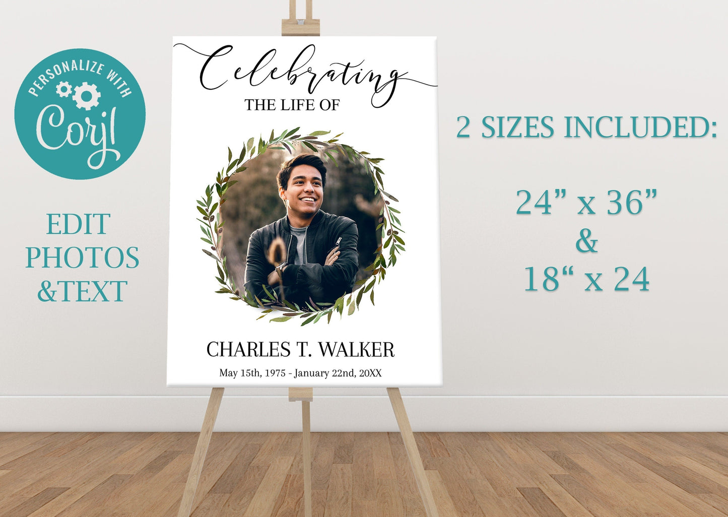 Greenery Funeral Photo Display With Circular Center Photo - lovingmemoryprints