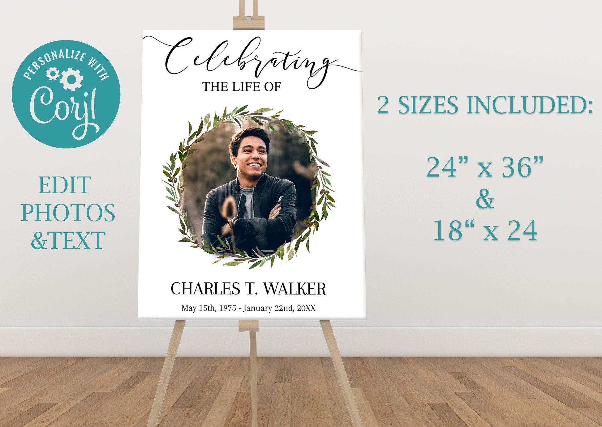 Greenery Funeral Photo Display With Circular Center Photo - lovingmemoryprints