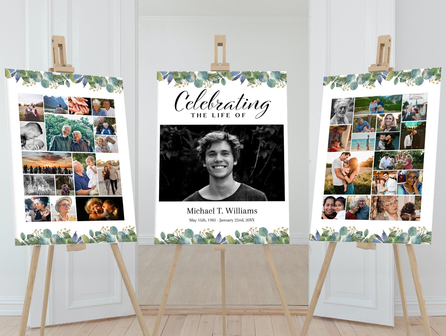 Greenery Funeral Poster Collage With Large Center Photo - Set of 3 - lovingmemoryprints