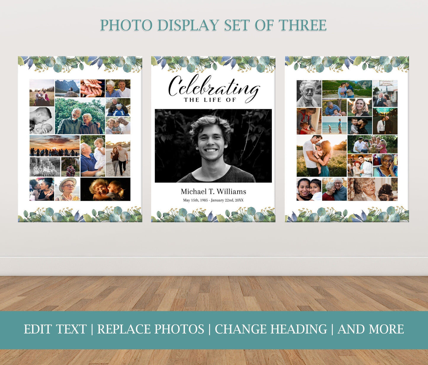 Greenery Funeral Poster Collage With Large Center Photo - Set of 3 - lovingmemoryprints