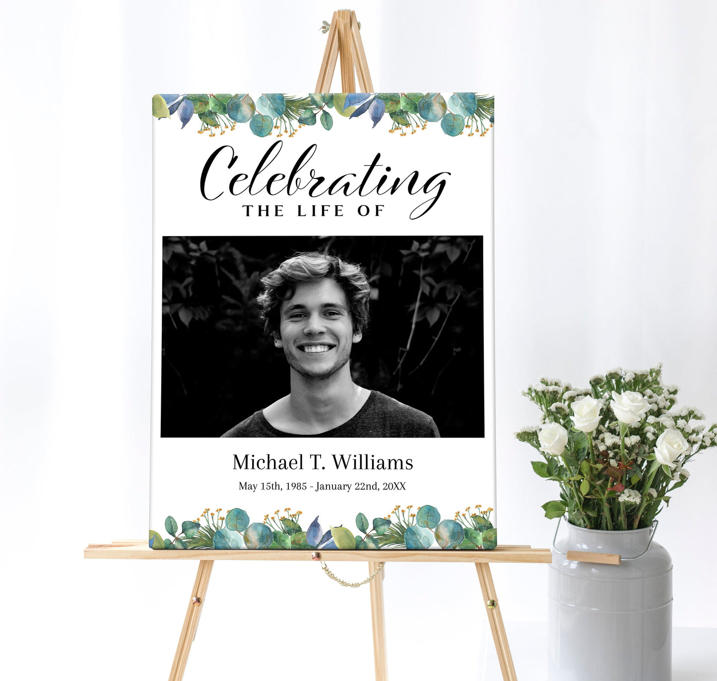 Greenery Funeral Poster Collage With Large Center Photo - Set of 3 - lovingmemoryprints