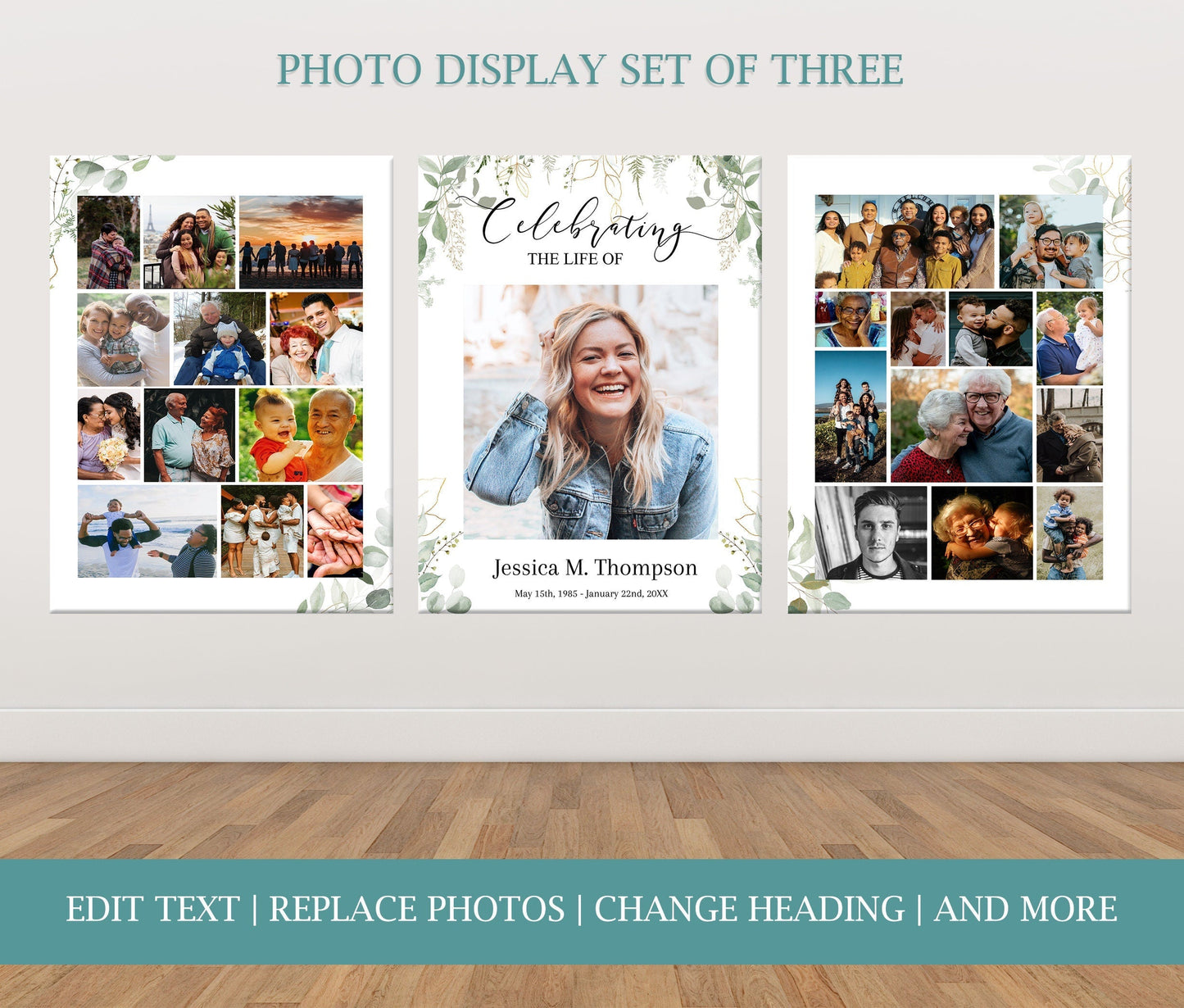 Greenery Funeral Poster Photo Display Template - Set of 3 - lovingmemoryprints