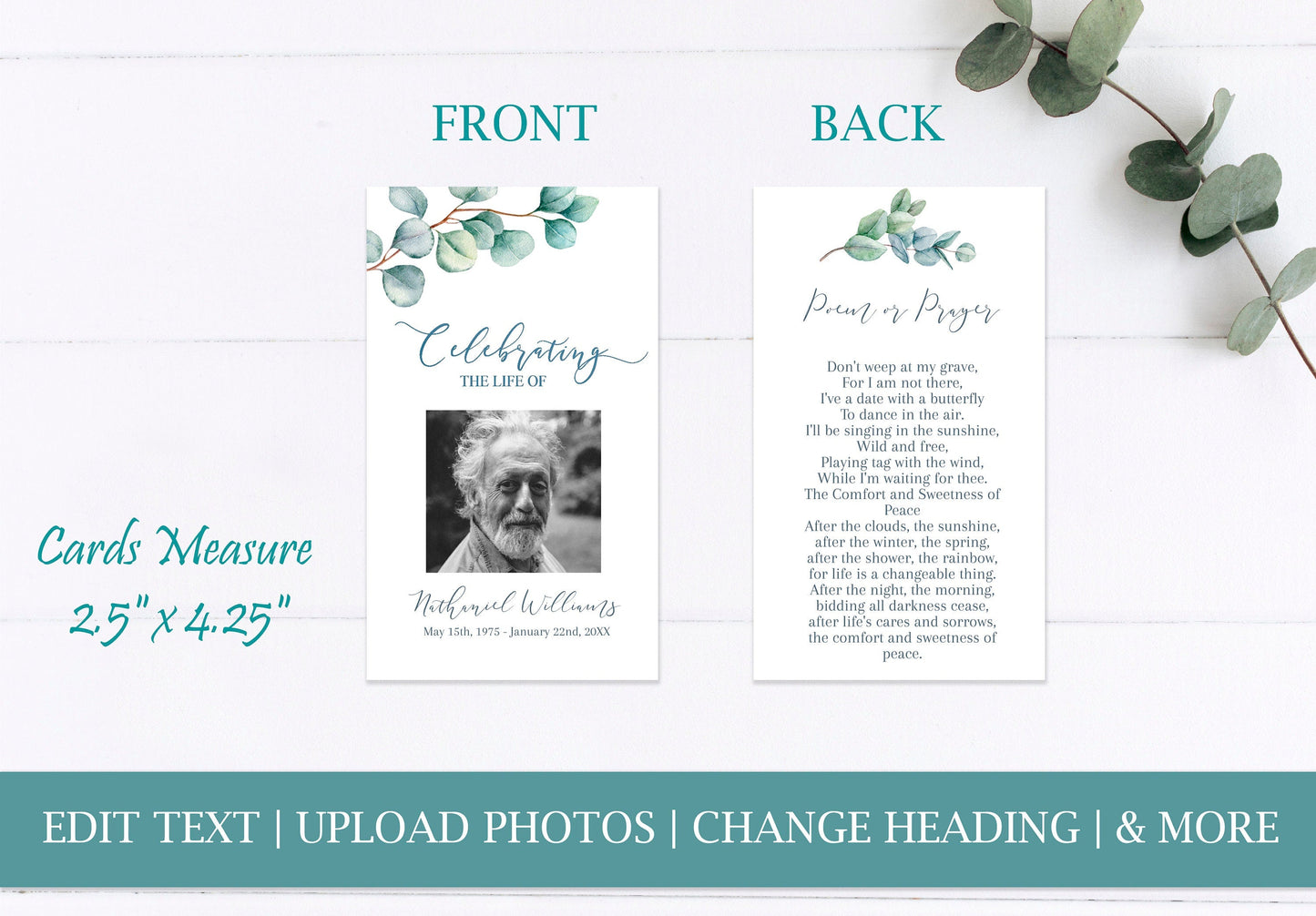 Greenery Funeral Prayer Cards | Funeral Keepsake | Eucalyptus Celebration of Life | Funeral Favors | B160 - lovingmemoryprints