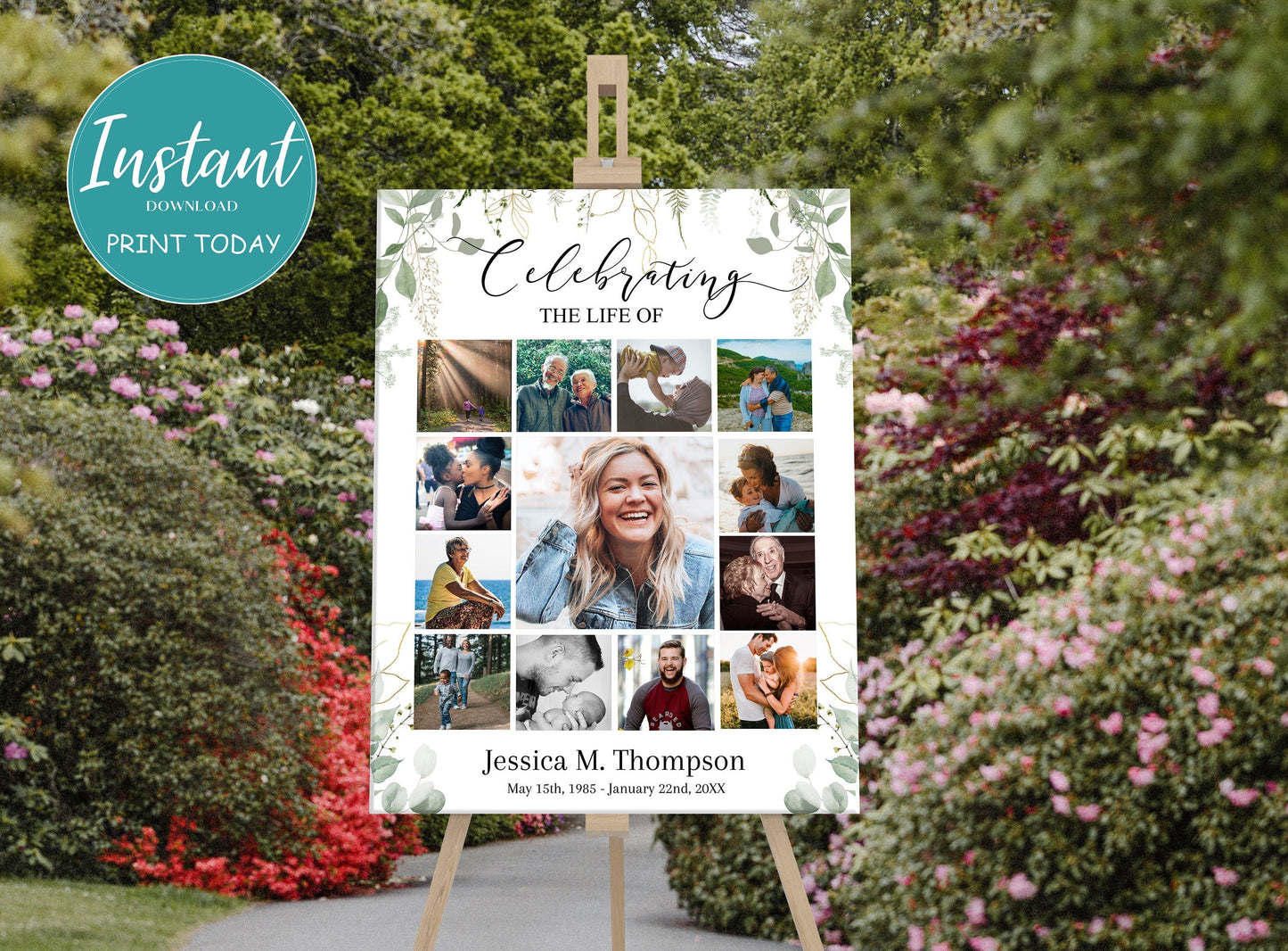 Greenery & Gold Photo Collage Memory Board Template - lovingmemoryprints