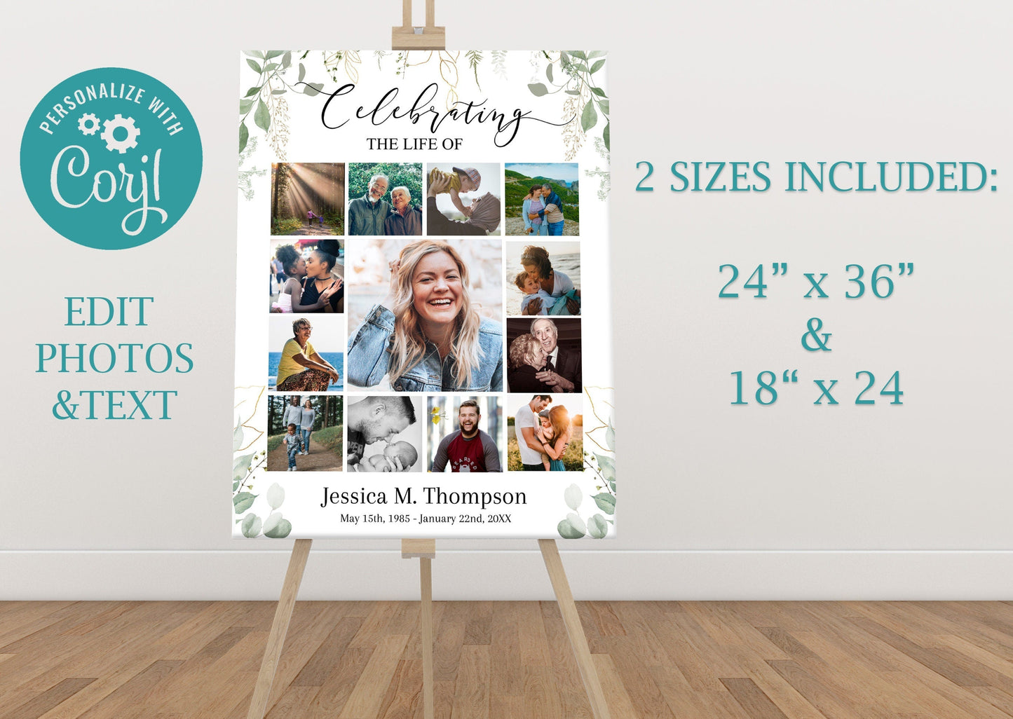 Greenery & Gold Photo Collage Memory Board Template - lovingmemoryprints