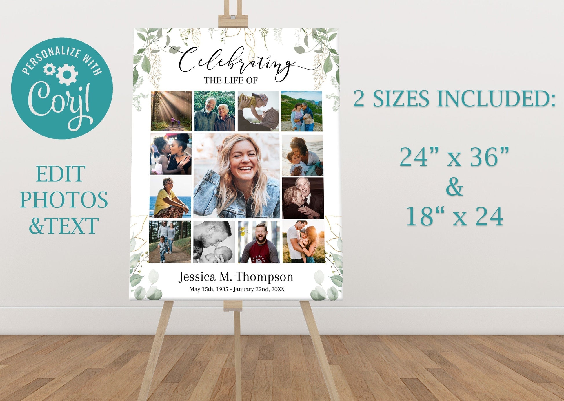 Greenery & Gold Photo Collage Memory Board Template - lovingmemoryprints