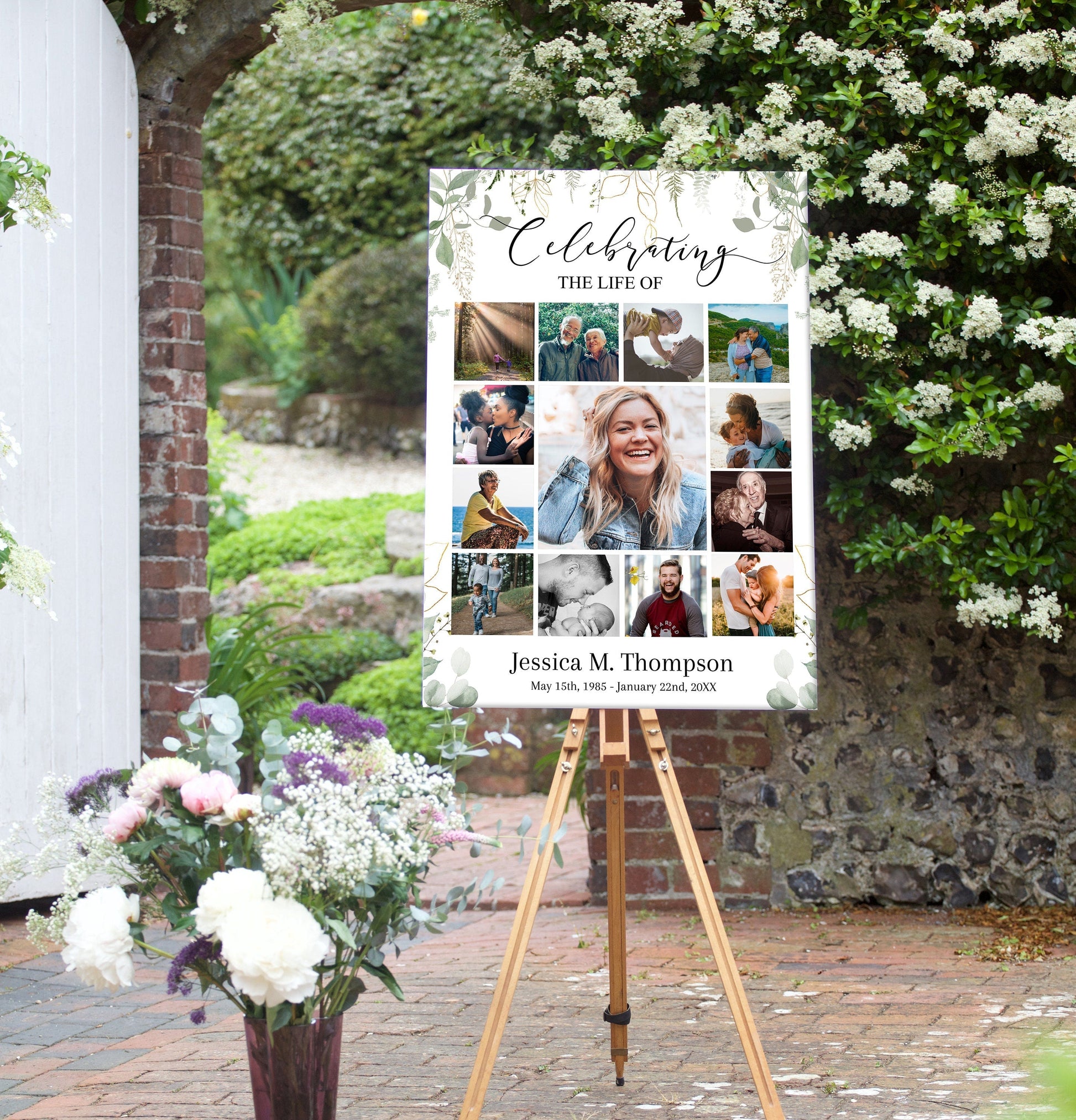 Greenery & Gold Photo Collage Memory Board Template - lovingmemoryprints
