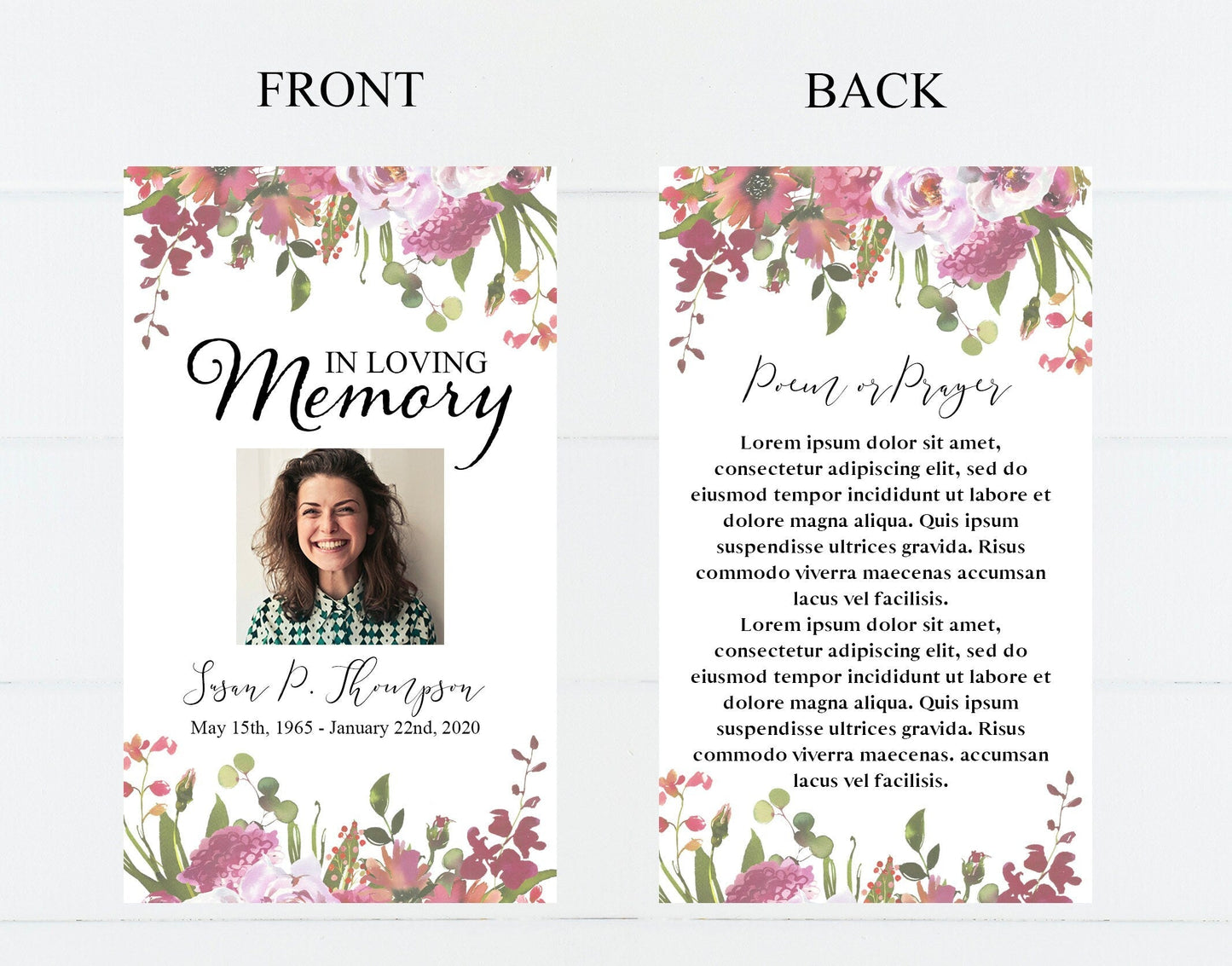 Greenery & Red Flower Funeral Prayer Cards Template - lovingmemoryprints