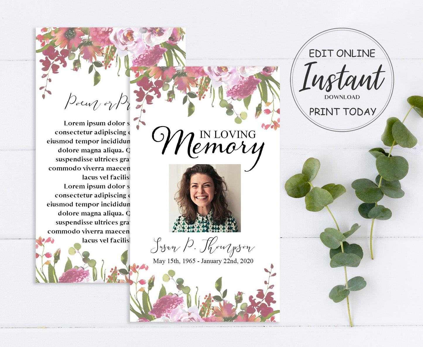 Greenery & Red Flower Funeral Prayer Cards Template - lovingmemoryprints