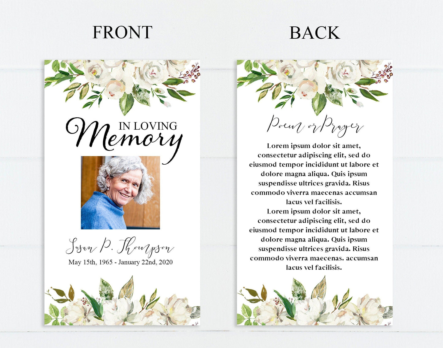 Greenery & White Rose Funeral Prayer Cards Template - lovingmemoryprints