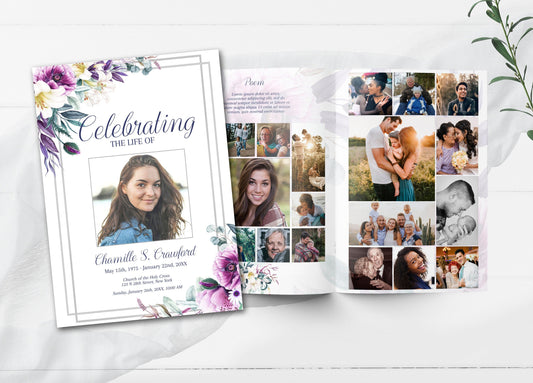 Grey Border With Floral Funeral Program Template - 8 Page - lovingmemoryprints