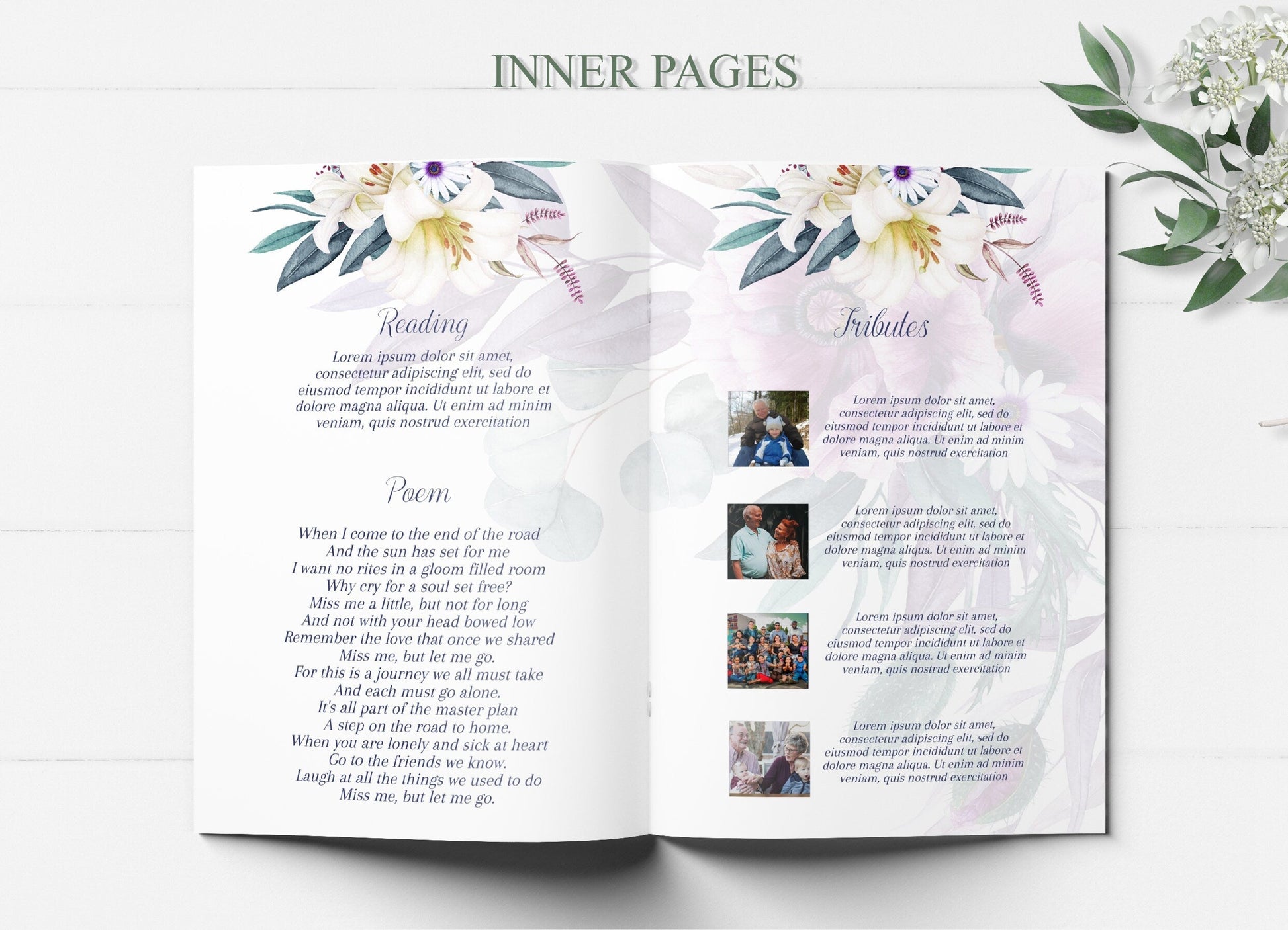 Grey Border With Floral Funeral Program Template - 8 Page - lovingmemoryprints
