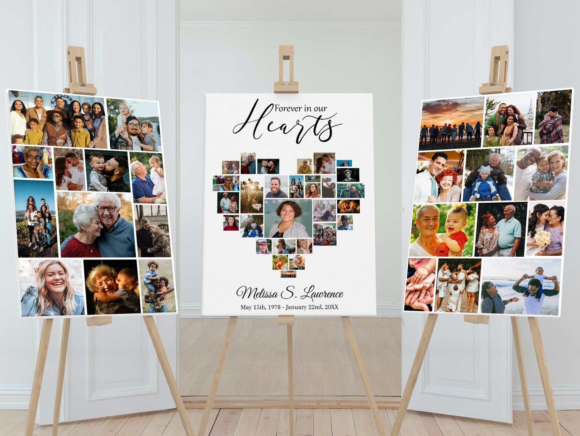 Heart Collage Funeral Memory Board Template - Set of 3 - lovingmemoryprints