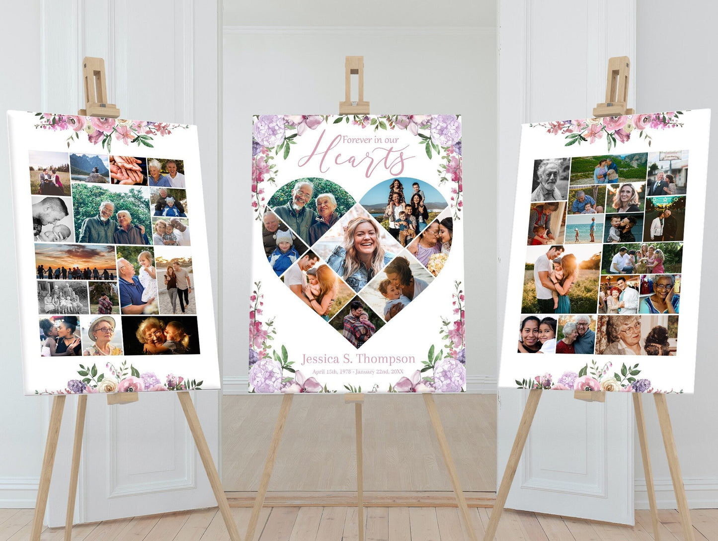 Heart Collage Funeral Memory Board Templates - Set of 3 - lovingmemoryprints
