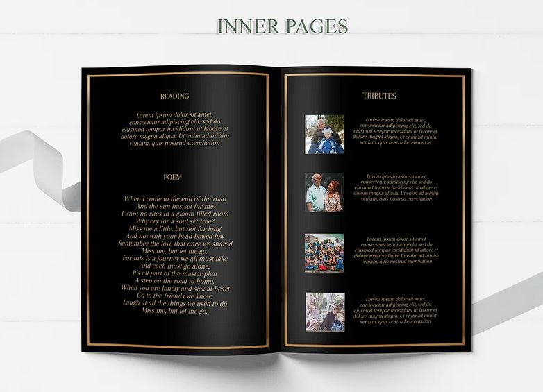 Heart Shaped Photo Collage With Black and Gold Funeral Program Template - 8 Page - lovingmemoryprints
