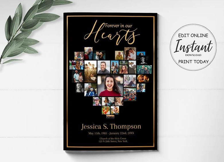 Heart Shaped Photo Collage With Black and Gold Funeral Program Template - 8 Page - lovingmemoryprints