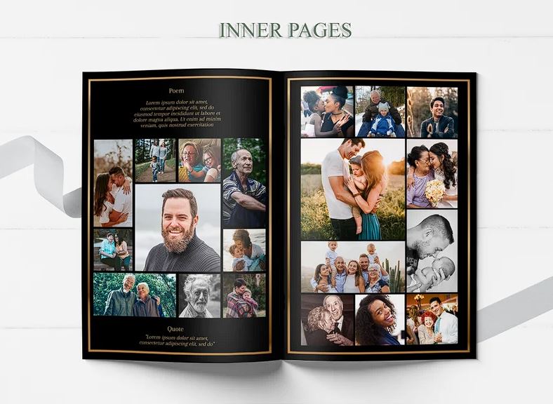 Heart Shaped Photo Collage With Black and Gold Funeral Program Template - 8 Page - lovingmemoryprints