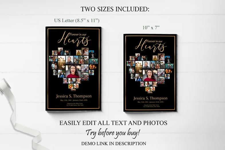 Heart Shaped Photo Collage With Black and Gold Funeral Program Template - 8 Page - lovingmemoryprints