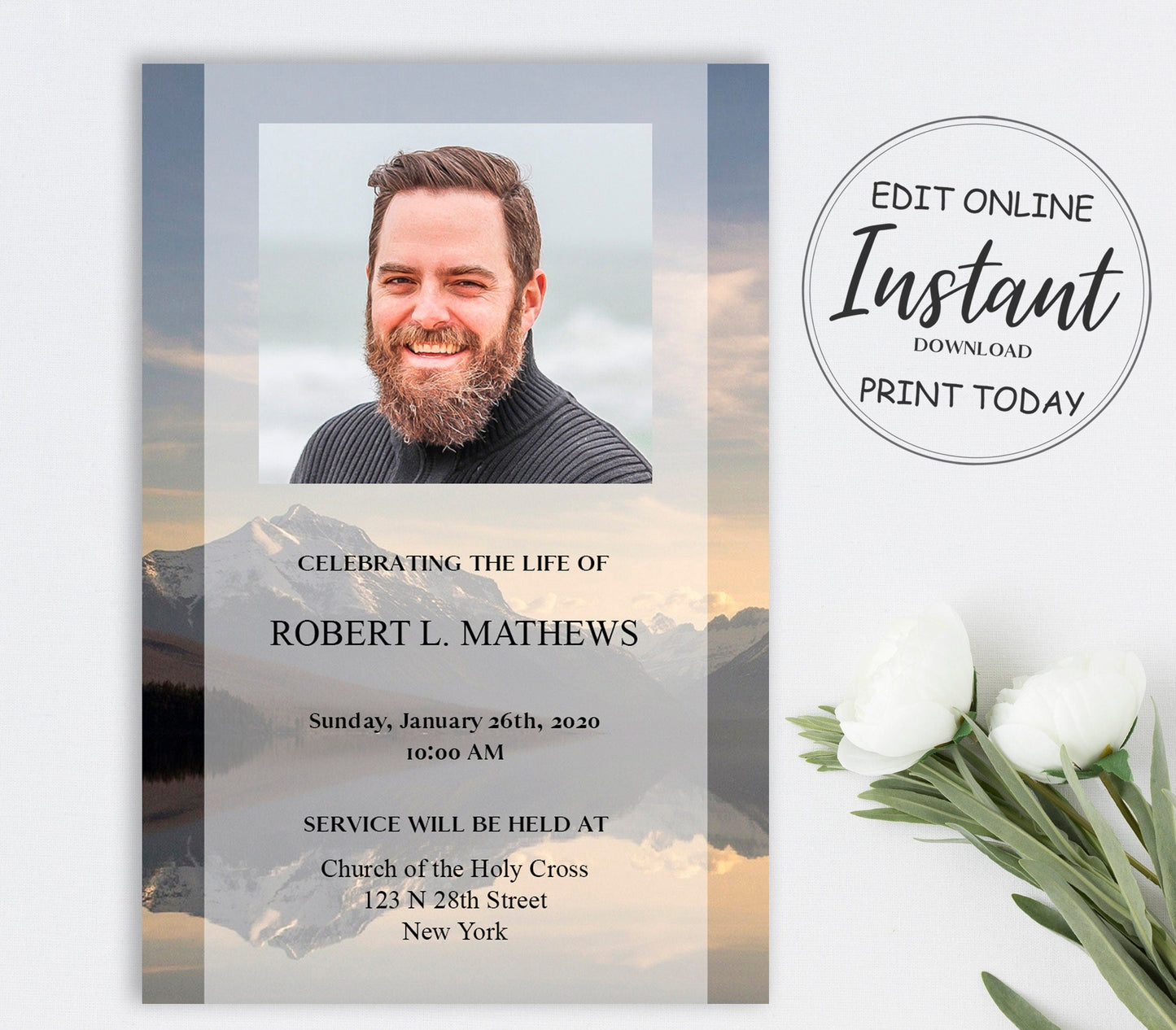 Lake In The Mountains Funeral Announcement Template - lovingmemoryprints