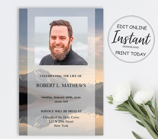 Lake In The Mountains Funeral Announcement Template - lovingmemoryprints