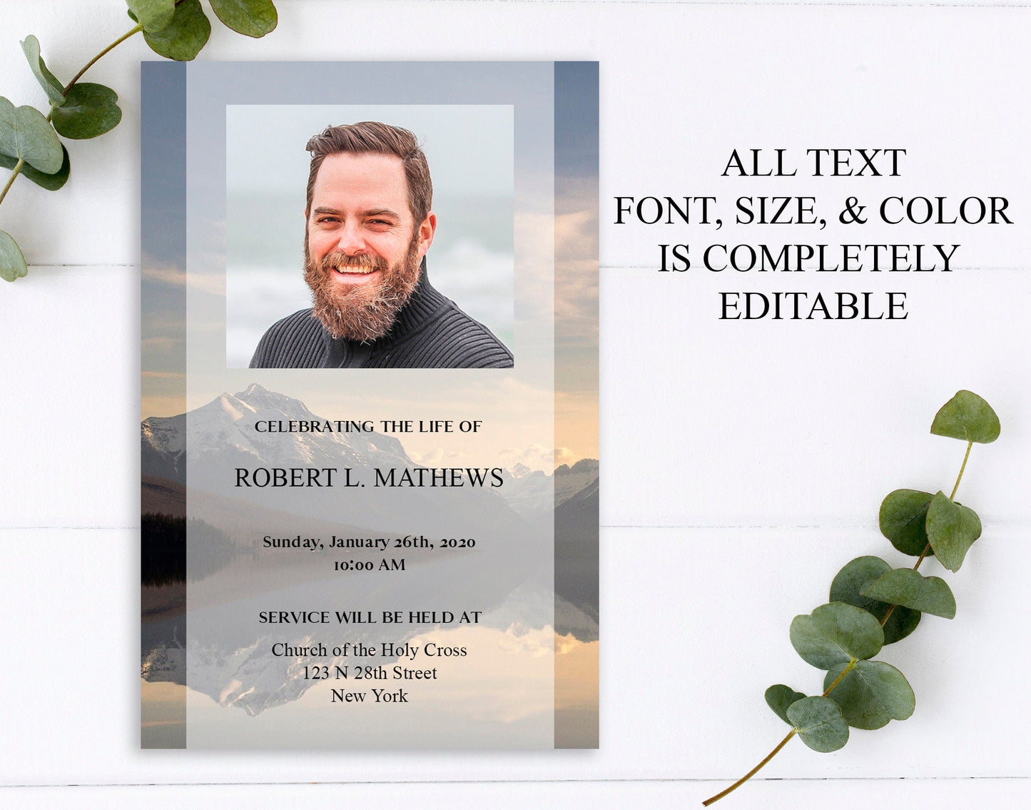 Lake In The Mountains Funeral Announcement Template - lovingmemoryprints