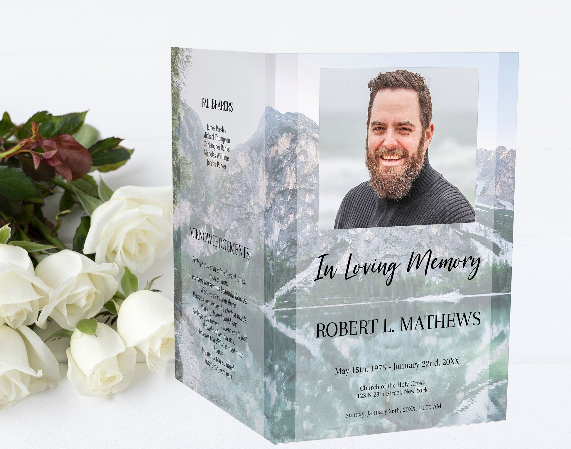 Lake & Mountain Scenery Funeral Program Template for Man - 4 Page - lovingmemoryprints