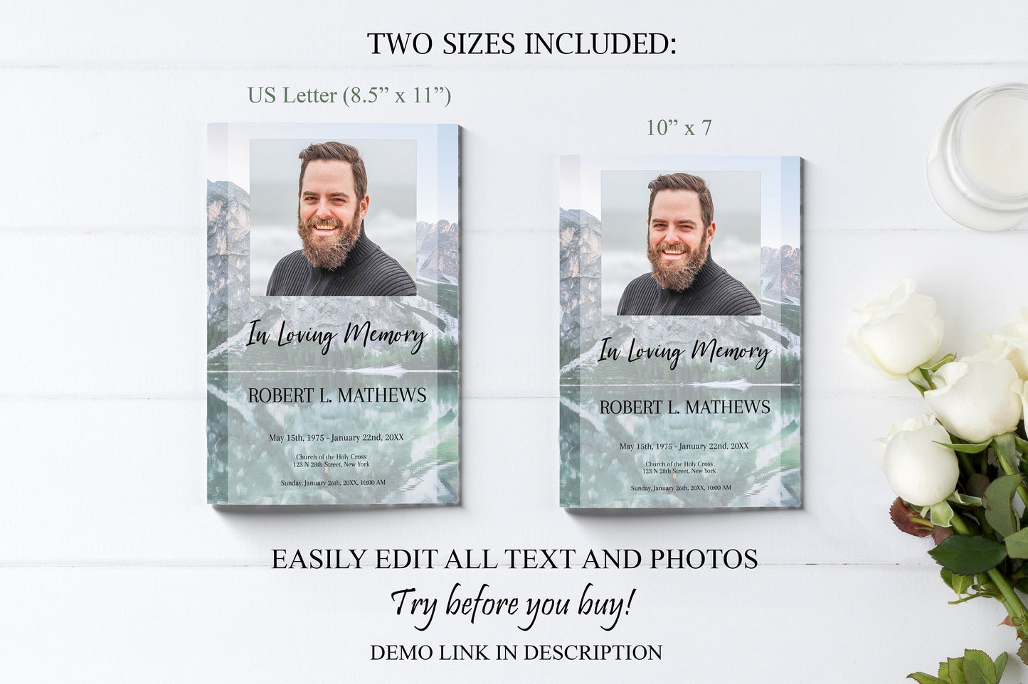 Lake & Mountain Scenery Funeral Program Template for Man - 4 Page - lovingmemoryprints