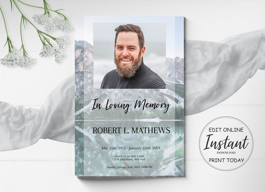 Lake & Mountain Scenery Funeral Program Template for Man - 4 Page - lovingmemoryprints