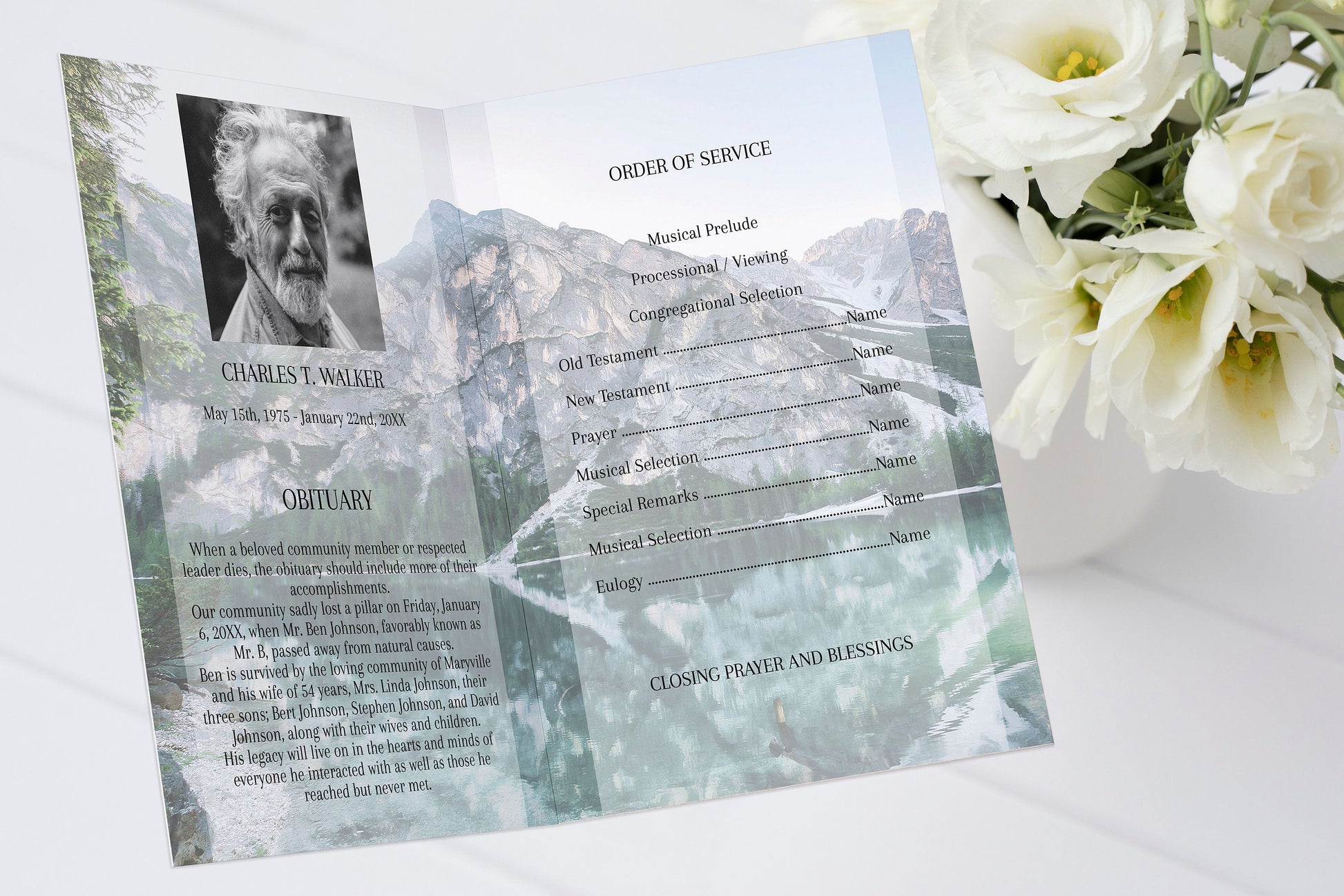 Lake & Mountain Scenery Funeral Program Template for Man - 4 Page - lovingmemoryprints