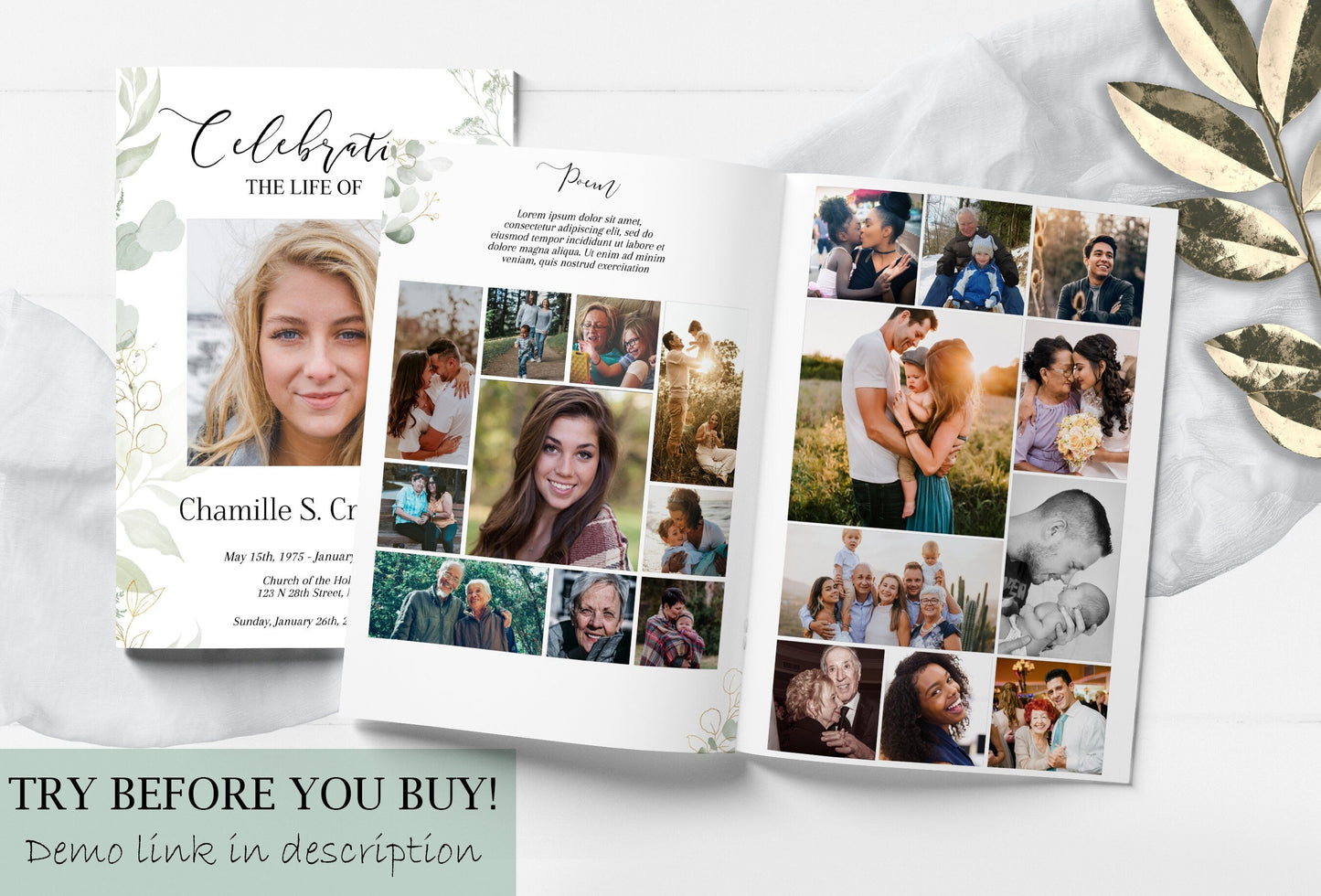 Light Greenery Funeral Program Template - 8 Page - lovingmemoryprints
