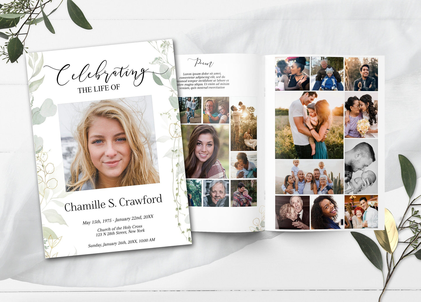 Light Greenery Funeral Program Template - 8 Page - lovingmemoryprints