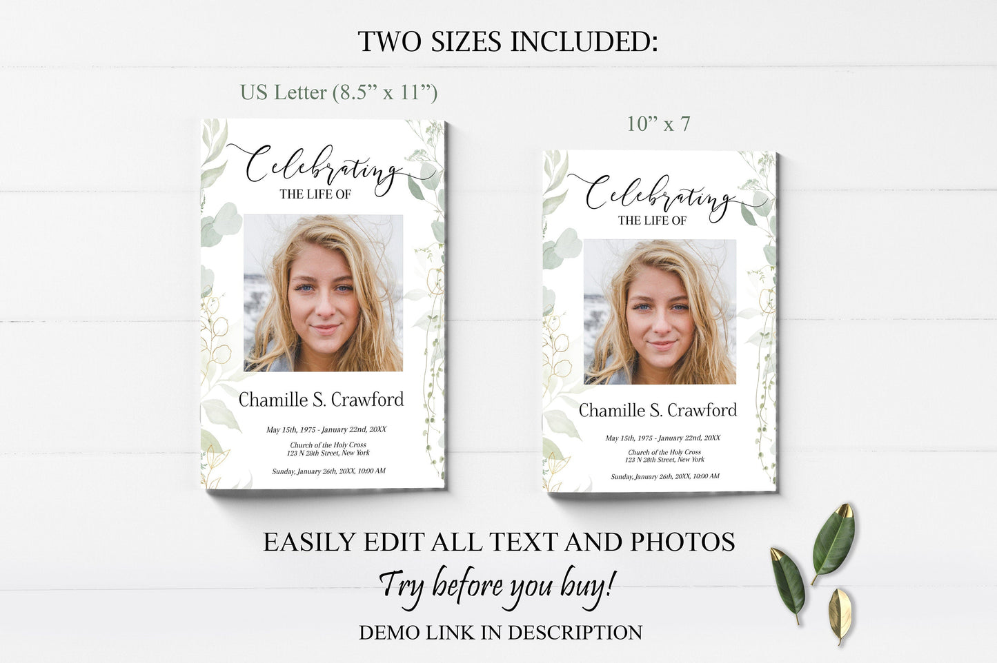 Light Greenery Funeral Program Template - 8 Page - lovingmemoryprints