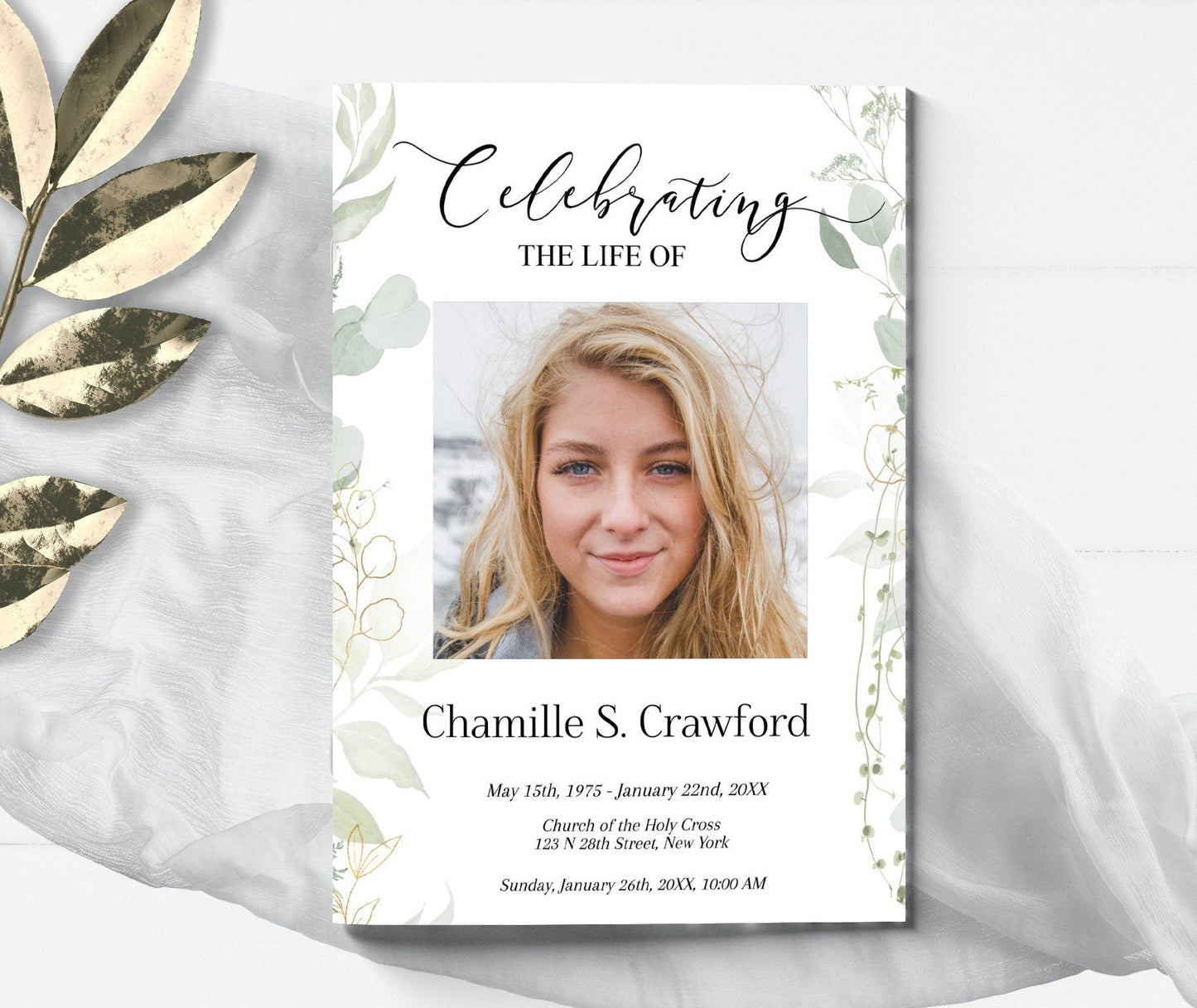 Light Greenery Funeral Program Template - 8 Page - lovingmemoryprints