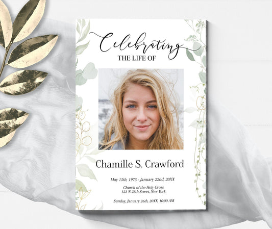 Light Greenery Funeral Program Template - 8 Page - lovingmemoryprints
