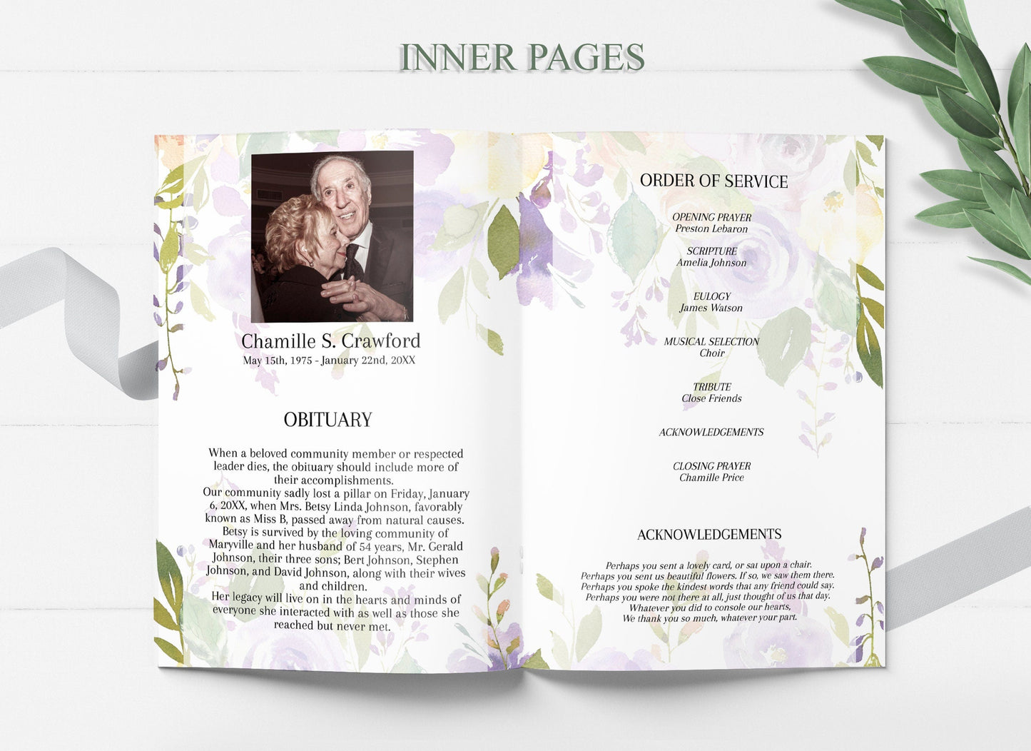 Light Purple Floral Funeral Program Template - 4 Page - lovingmemoryprints