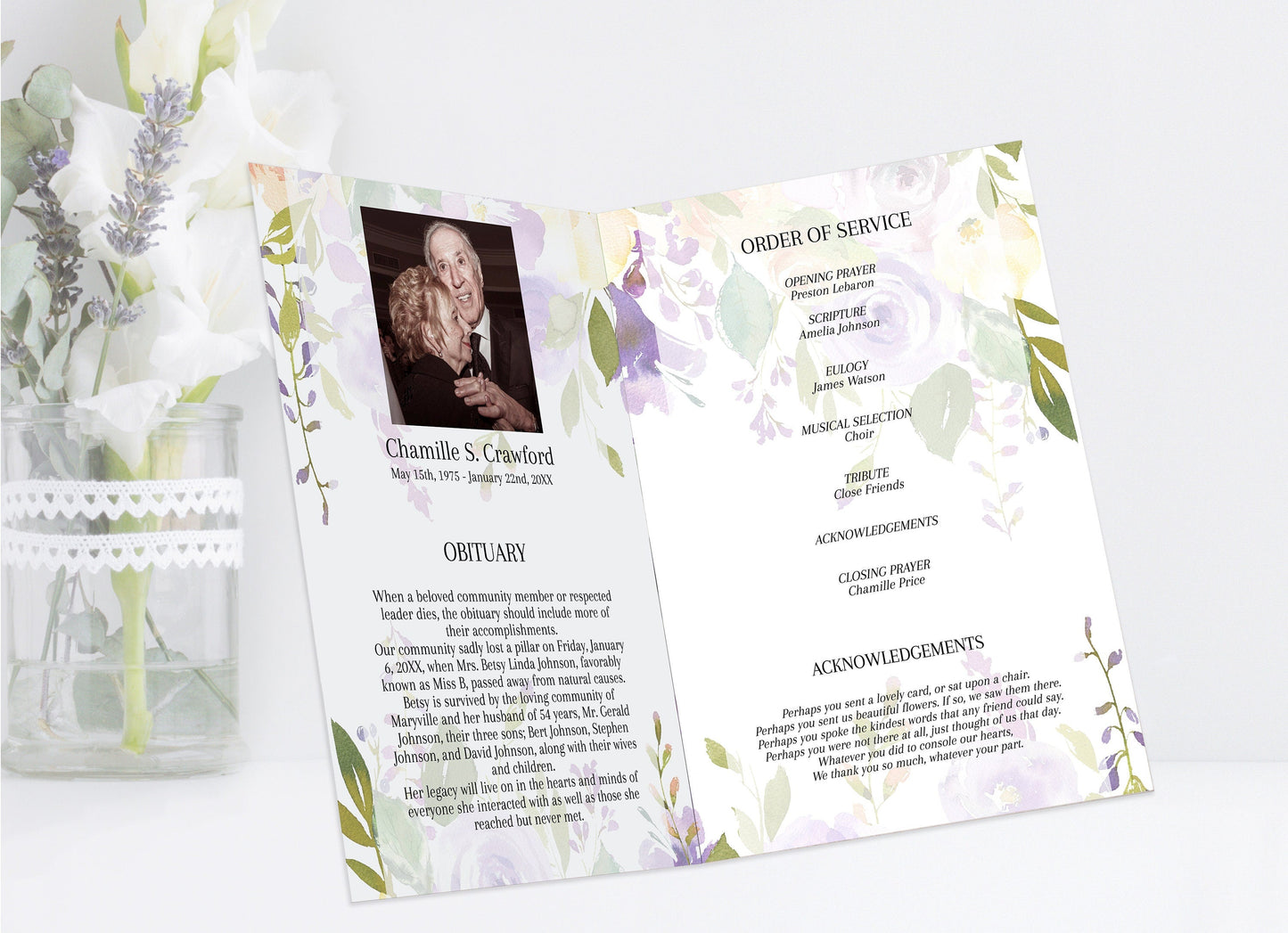 Light Purple Floral Funeral Program Template - 4 Page - lovingmemoryprints