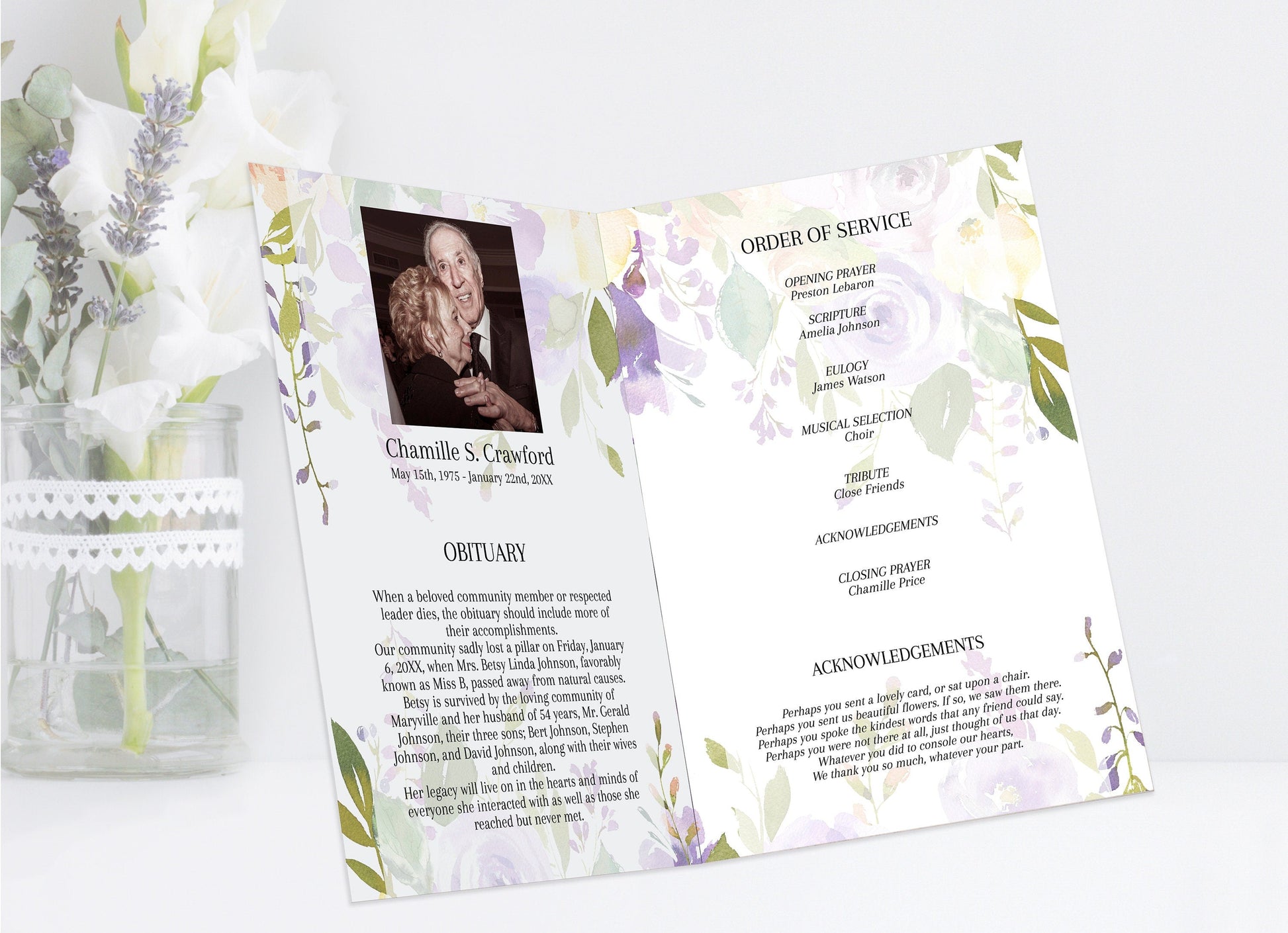 Light Purple Floral Funeral Program Template - 4 Page - lovingmemoryprints