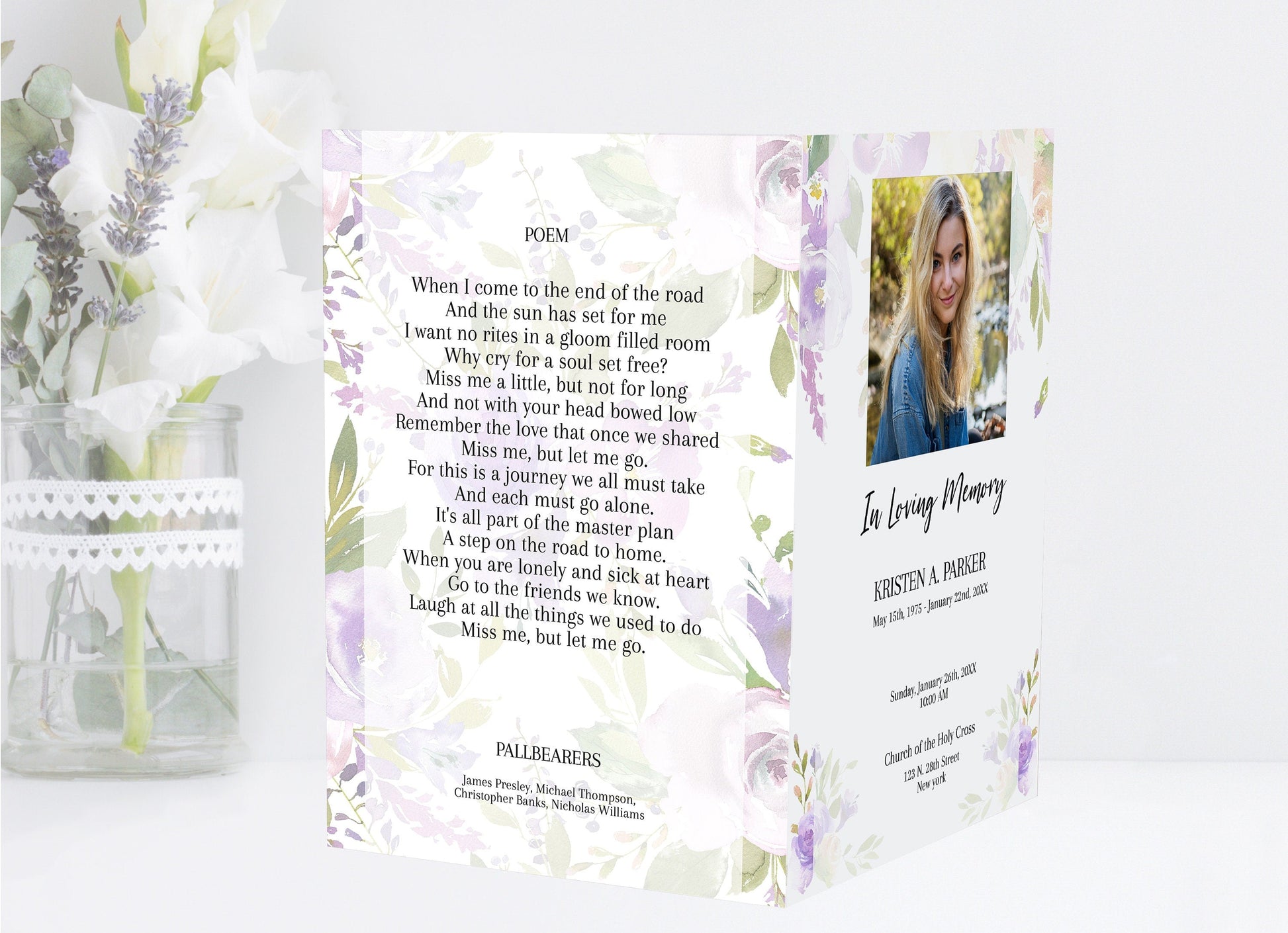 Light Purple Floral Funeral Program Template - 4 Page - lovingmemoryprints