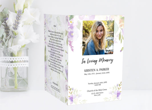 Light Purple Floral Funeral Program Template - 4 Page - lovingmemoryprints